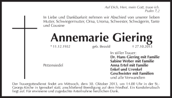 Traueranzeige von Annemarie Giering von Pegnitz-Zeitung